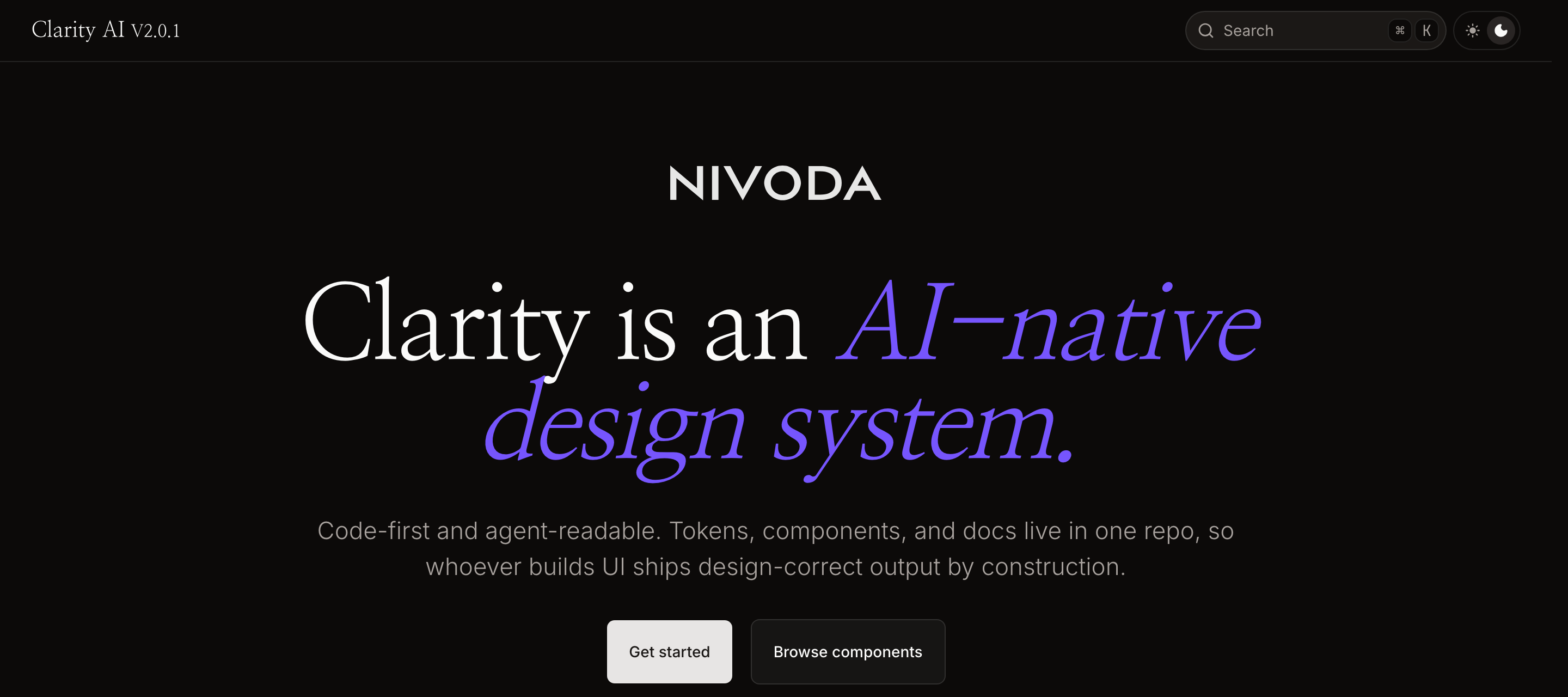 Home page of the Clarity design system, headline reads ‘Clarity is an AI-native design system’